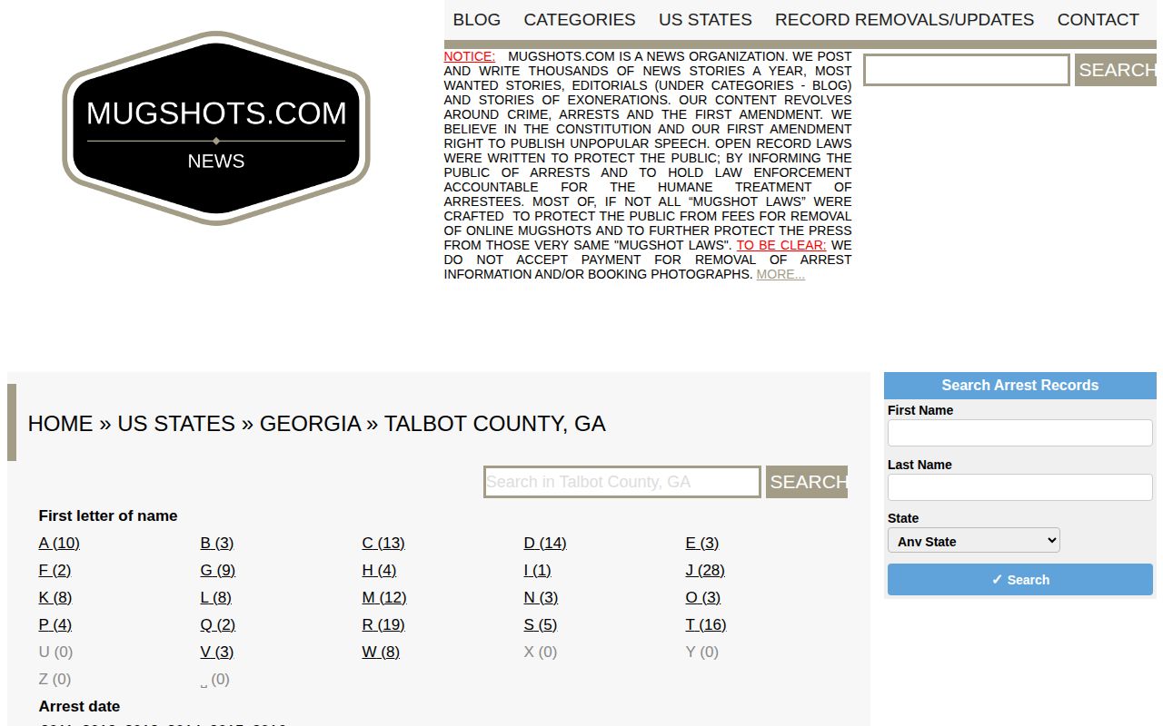 Mugshots.com Talbot County historical archive page