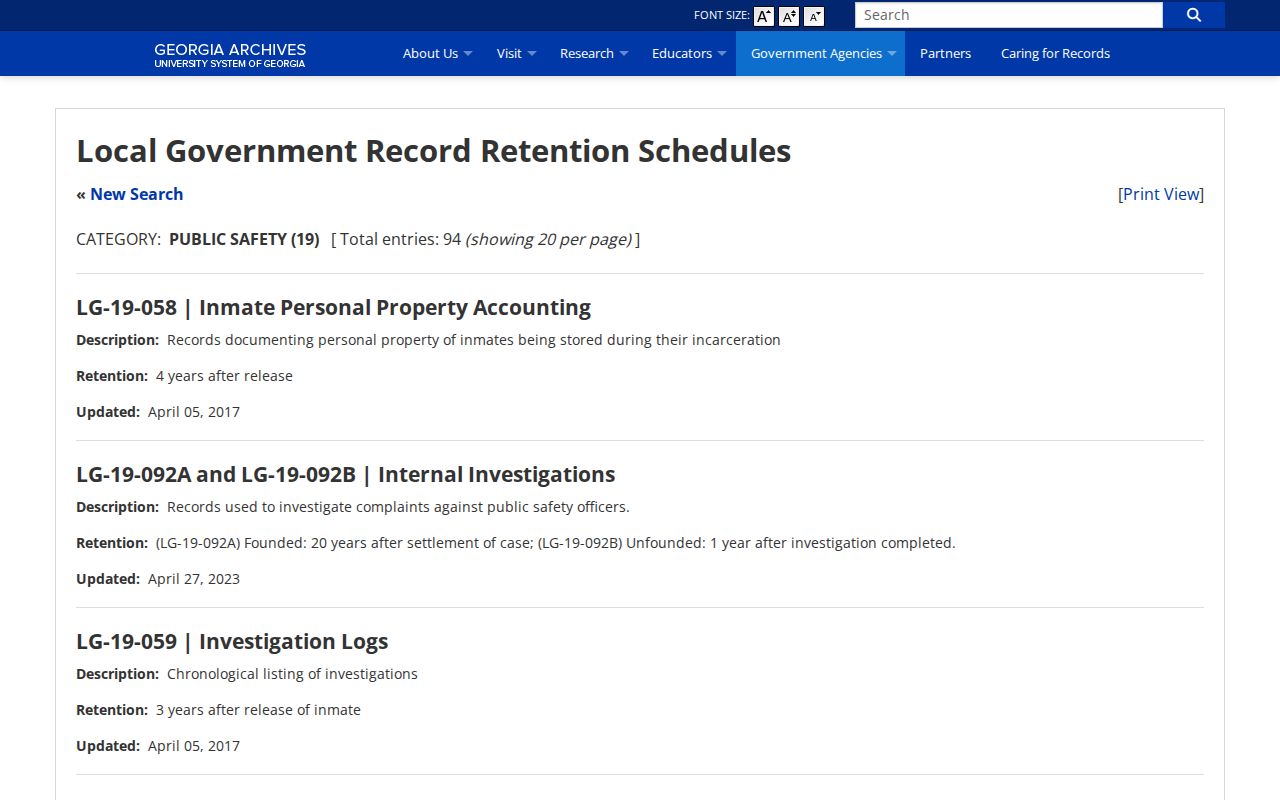 Georgia Archives jail booking records retention schedule for county records