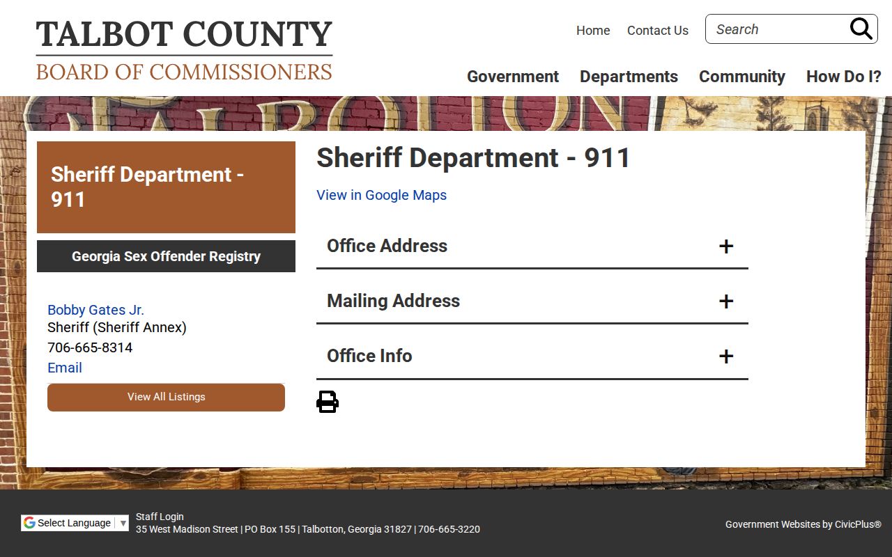 Talbot County Sheriff Department official contact page for booking records